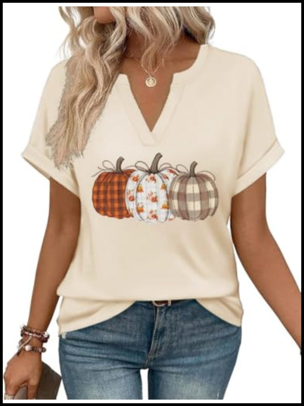 Women's Halloween V-Neck Short Sleeve Graphic Tee Pumpkin Witch Fun Fall Top